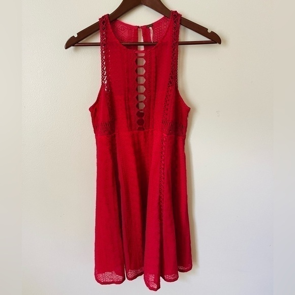 Free People Wherever You Go Red Eyelet Mini Dress Size 4 - Picture 6 of 6